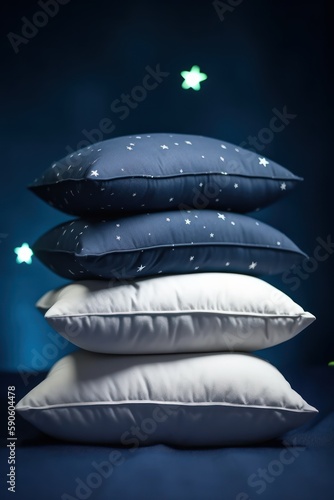 Pyramid stack of soft Pillow on star night background. Concept of good healthy sleep, sweet dreams and hypnotic pills. Good night and deep sleeping in bed.