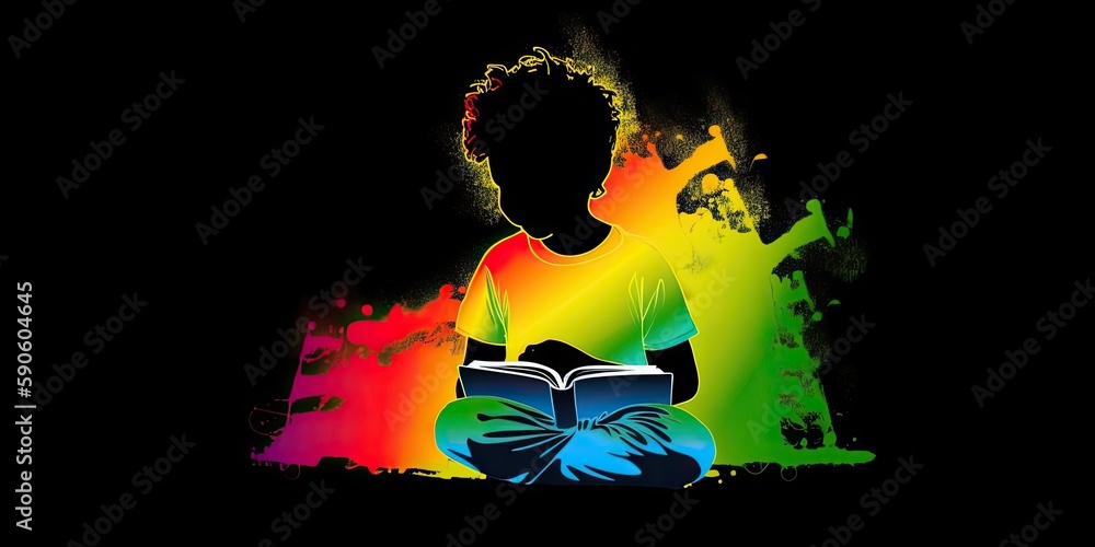 Colorful illustration of child reading, Generative AI Art