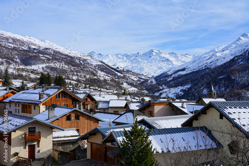 View of Les Ménuires ski station from the village of Saint Martin de Belleville in the French Alps photo