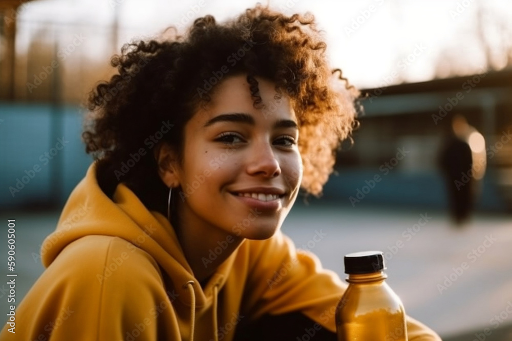 brunette curly haired woman with yellow sweatshirt smiling sitting next to basketball court - Generative AI brunette curly haired woman with yellow sweatshirt smiling sitting next to basketball court - Generative AI