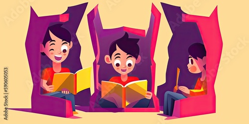 colorful illustration of a children reading a book