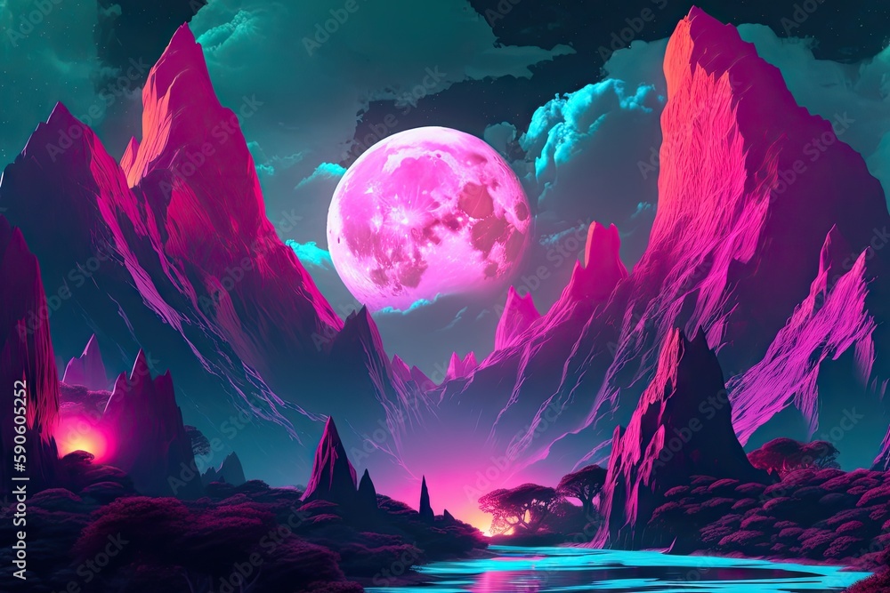 Obraz premium Landscape with moon and mountains. AI generated art illustration.