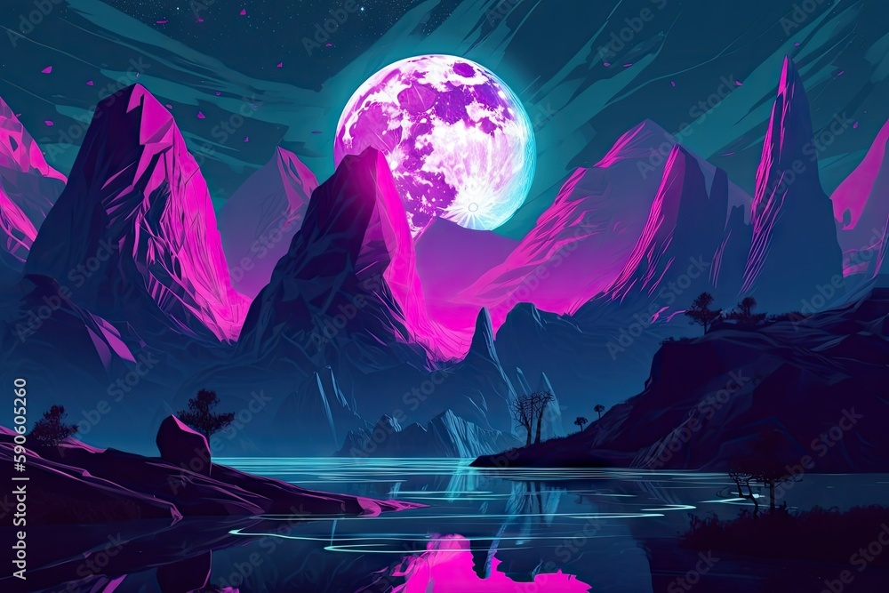 Obraz premium Landscape with moon and mountains. AI generated art illustration.