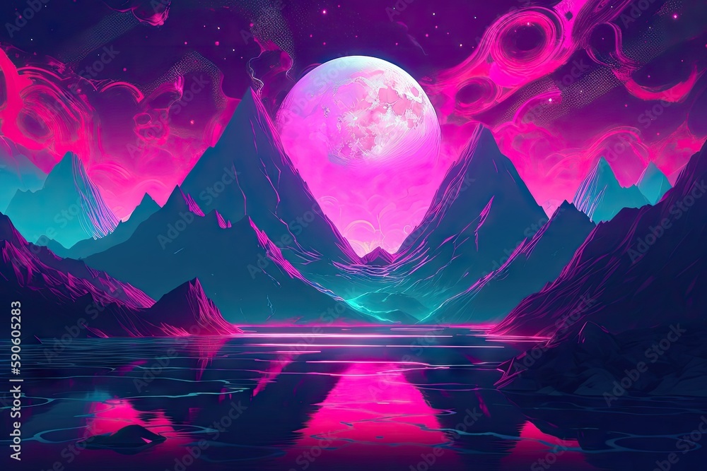Fototapeta premium Landscape with moon and mountains. AI generated art illustration.