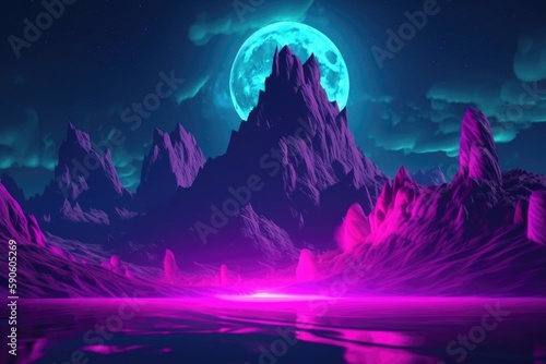 Landscape with moon and mountains. AI generated art illustration.