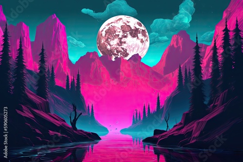 Landscape with moon and mountains. AI generated art illustration.