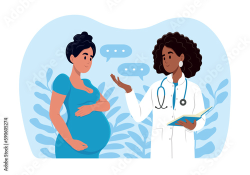 A woman expecting a baby visits the doctors office, examination during pregnancy. A pregnant woman is talking to an obstetrician gynecologist. Consultation and examination during pregnancy concept.