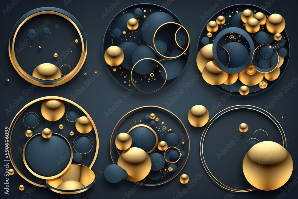 Abstract 3d gold and black background with circles