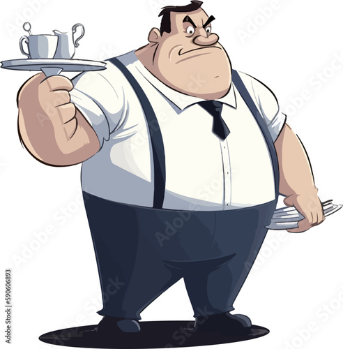 Waiter holding coffee cups and plates, vector