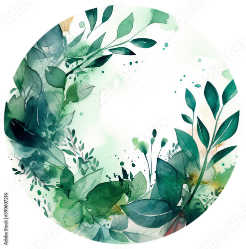 Green Circle Framed By Leaves With Floral On Isolated Transparent Background, Png. Generative AI photo