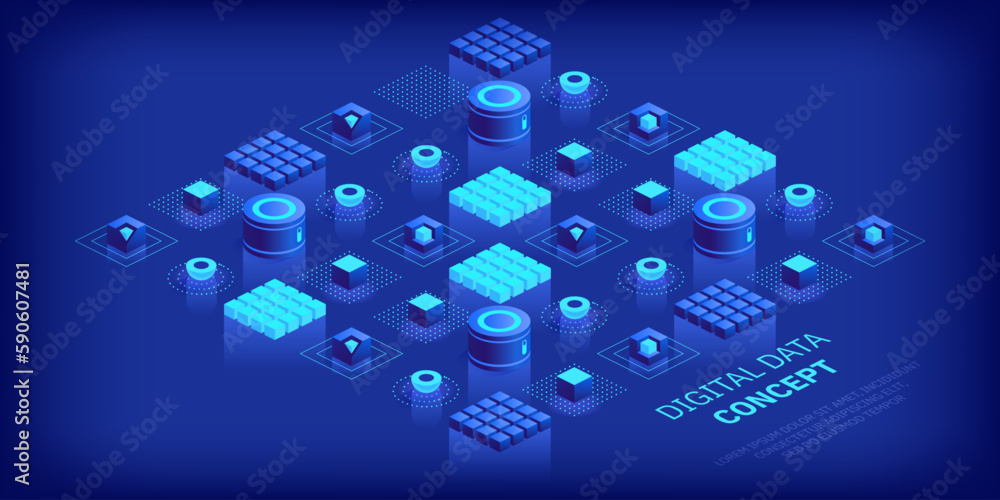 Geometric abstract background with trendy isometric shapes, cubes and dynamic composition. Digital data concept with 3d perspective elements. Vector illustration Geometric abstract background with trendy isometric shapes, cubes and dynamic composition. Digital data concept with 3d perspective elements. Vector illustration