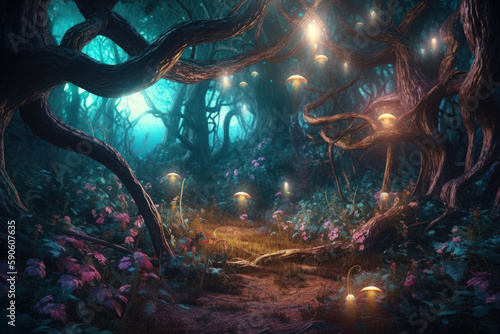 abstract cartoon forest magical fantasy landscape background generative ai