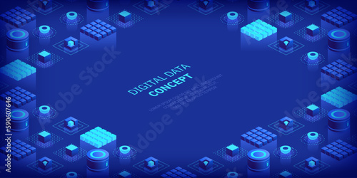 Geometric abstract background with trendy isometric shapes, cubes and dynamic composition. Digital data concept with 3d perspective elements. Vector illustration