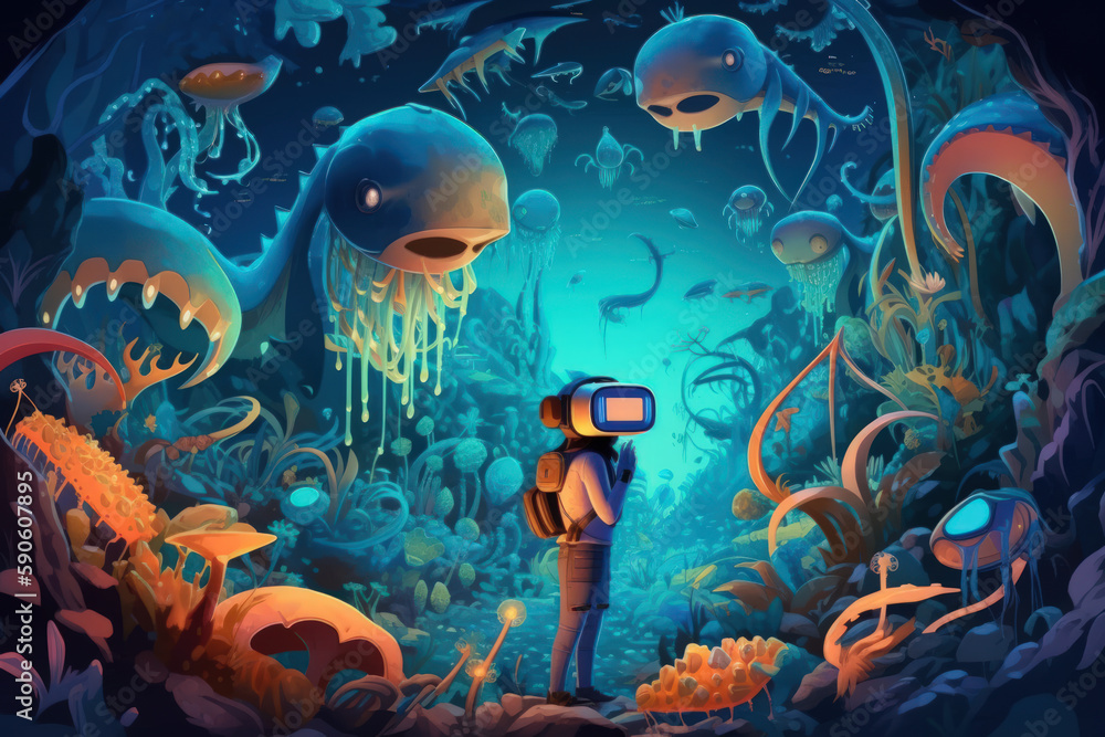 underwater vr world amazing cartoon world abstract background generative ai
