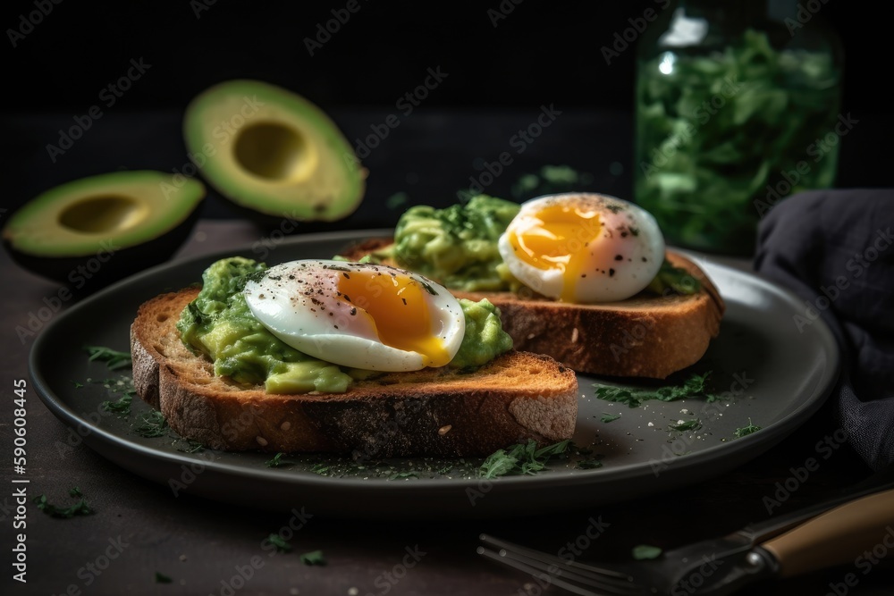 Plate Of Toast With Avocado On Top And Two Eggs. Generative AI