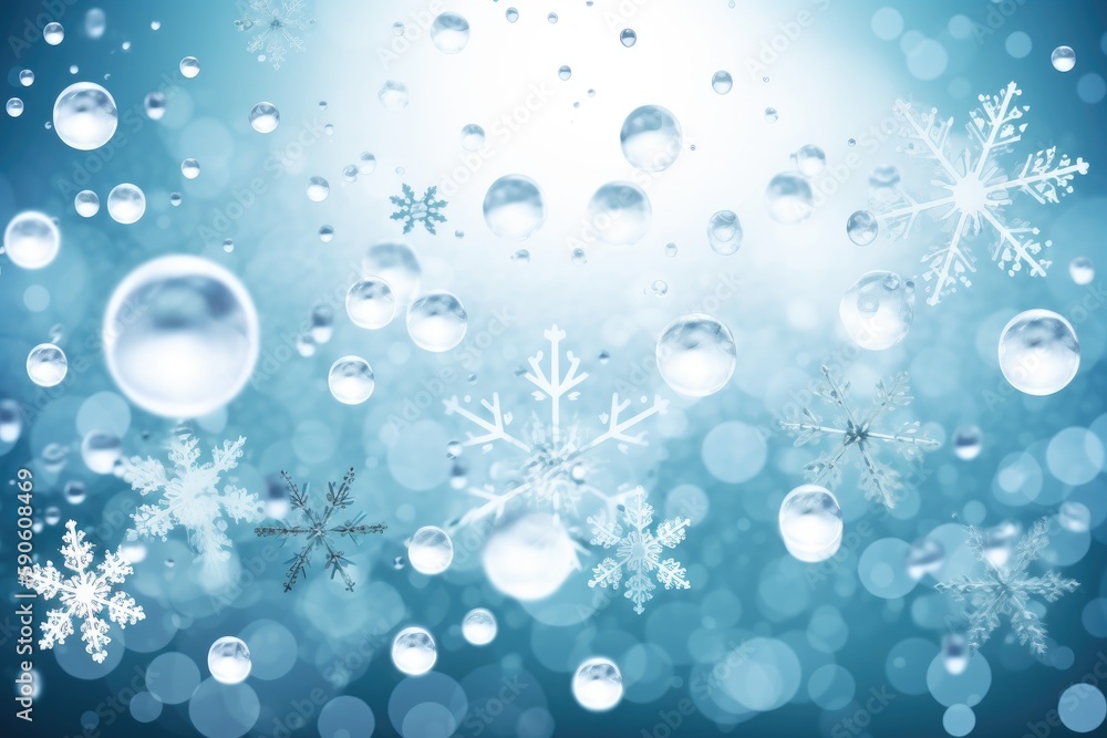 Blue Texture Of A Winter Background With Drops And Snowflakes. Generative AI