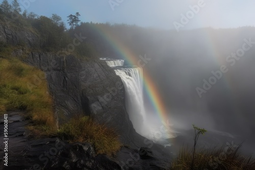 Rainbow That Is Visible Only As Faint  Ephemeral Mist Above The Waterfall. Generative AI