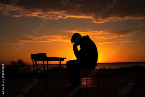 Silhouette Of Man Sitting On Chair With His Head Down And Hands Covering His Face Against Sunset Background. Generative AI