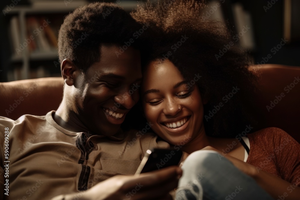 Black young couple in sofa smiling while looking at smartphone. Generative Ai Black young couple in sofa smiling while looking at smartphone. Generative Ai