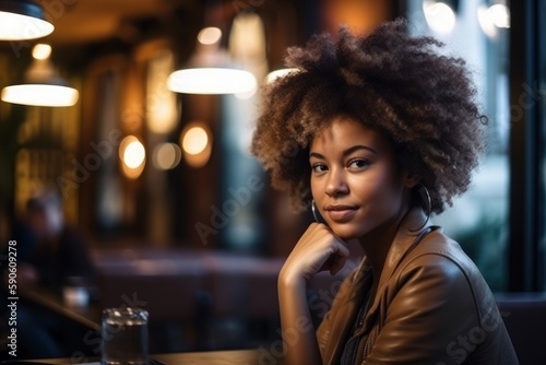 Beautiful portrait of a black woman inside a modern coffee shop. Generative Ai © raquel