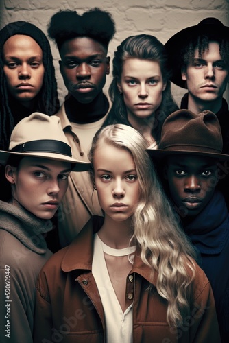 Fashion portrait of a group of young and styling multiracial friends. Generative Ai