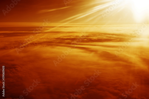 Heaven with sun light rays or beams bursting from clouds in blue sky. Spiritual religious background. Realistic tranquil cloudscape view, beautiful sky paradise backdrop	