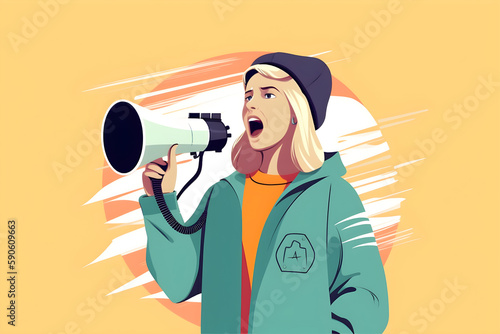 Flat vector illustration Young happy funny cool blonde woman in striped hoodie holding megaphone shouting, announcing discount sale, hurry up, isolated on plain soft ligh