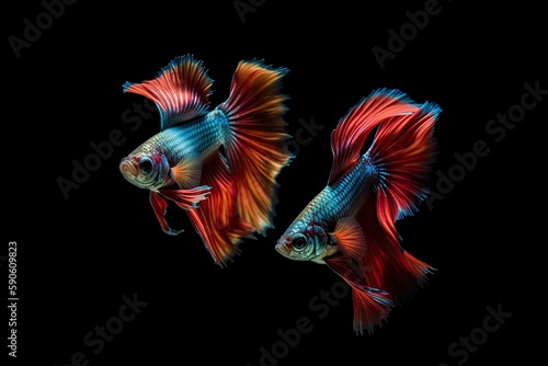 Battling fish in different hues, isolated on a gloomy background. Generative AI