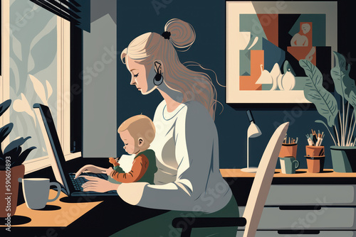 Illustration of a young mother working at home with the baby on the lap. Generative Ai