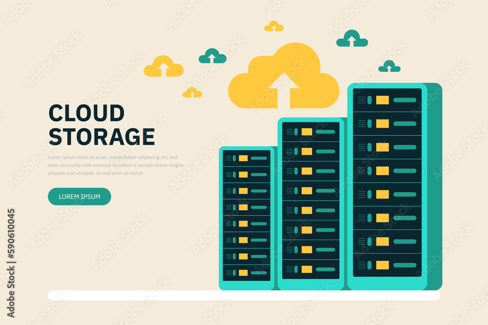 Fototapeta premium Hosting, cloud storage download flat vector illustration. Big data. Digital service or app with data transfering. Online computing technology. Server center and datacenter network