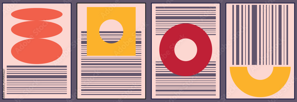 A set of minimalist posters with geometric shapes in the style of the 00s. Modern hipster style.