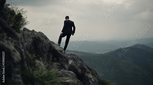 businessman Never giving up  strength and power. Man feeling determined climbing up a steep mountainside. back view Generative AI