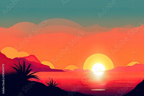 Sunrise over the sea. AI generated art illustration.