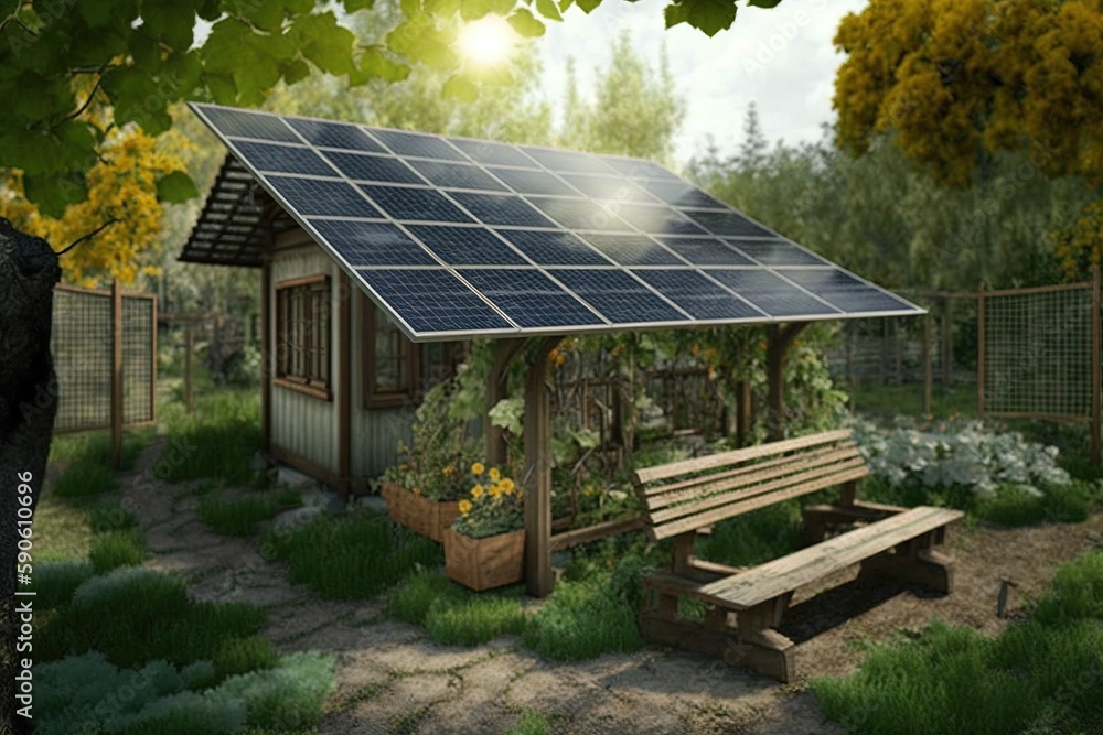 Solar panels on small house. Solar system. Natural resourse. AI
