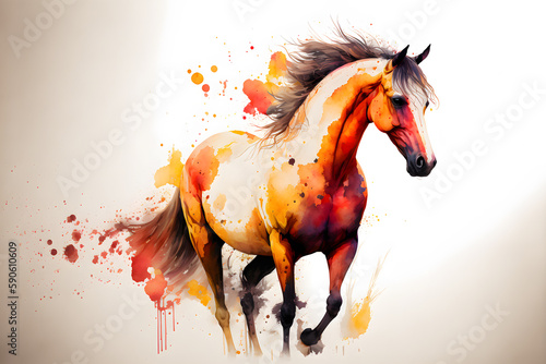 Ilustration of a free horse, minimalism, amazing colors, detalied, warm colors, white background. photo