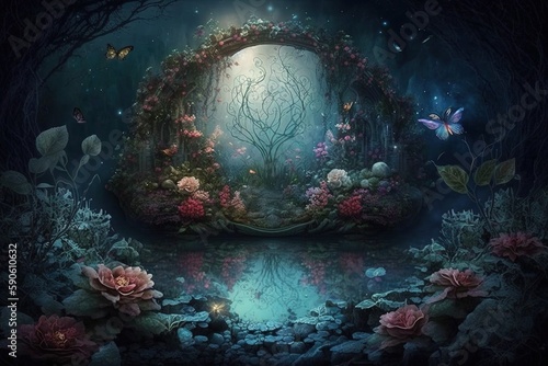 Fantasy forest with fluttering butterflies. Portal to a fantasy world. AI generated