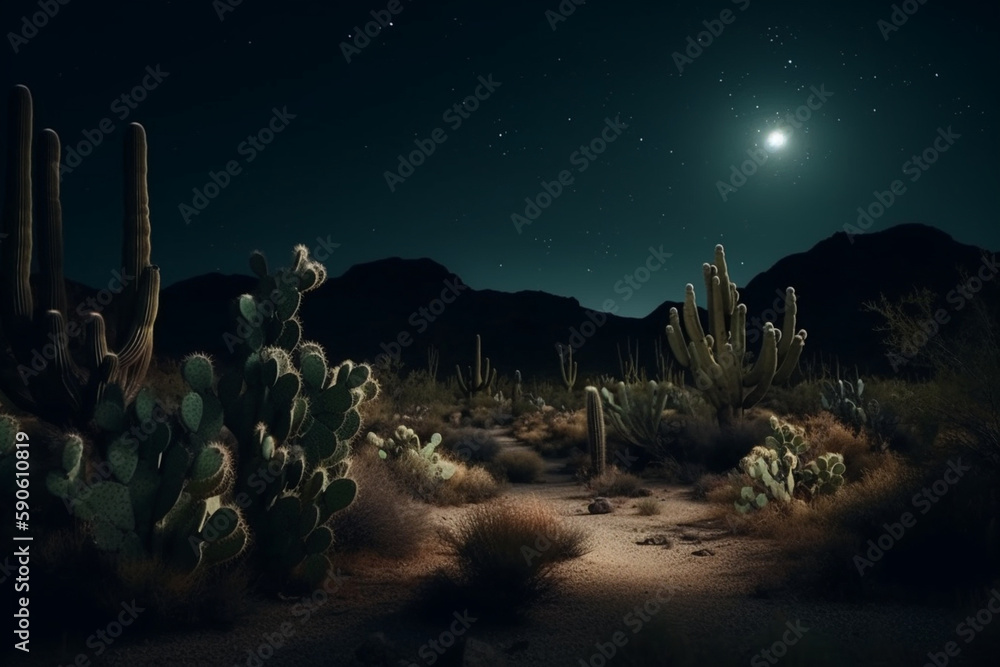 cactus night time in the desert cinematic Generative AI