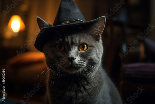 cat wearing witch hat cinematic Generative AI