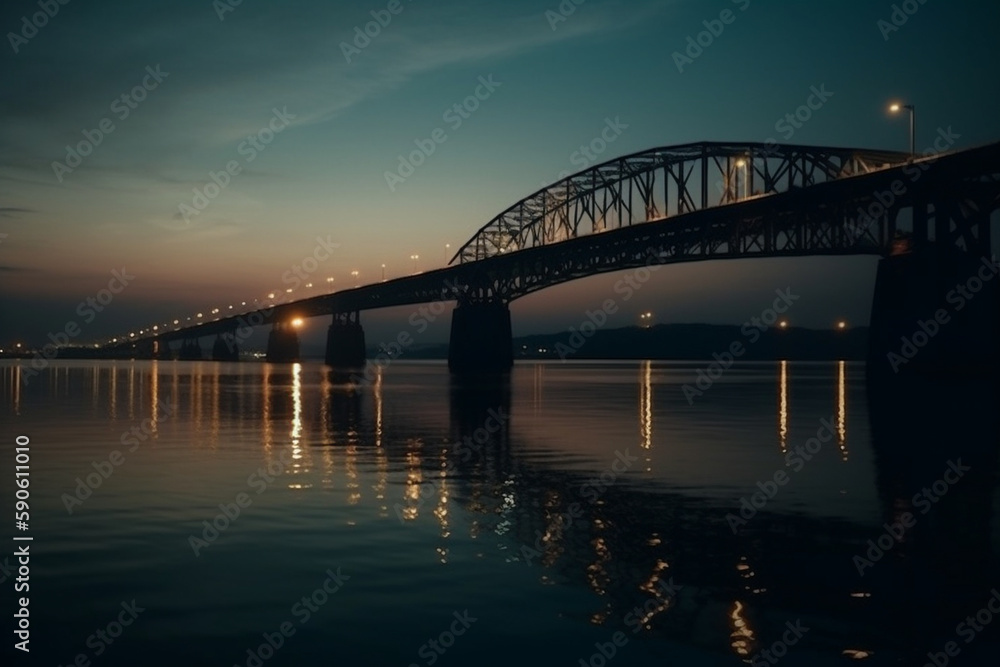 the sea passing under the big bridge in the evening cinematic Generative AI