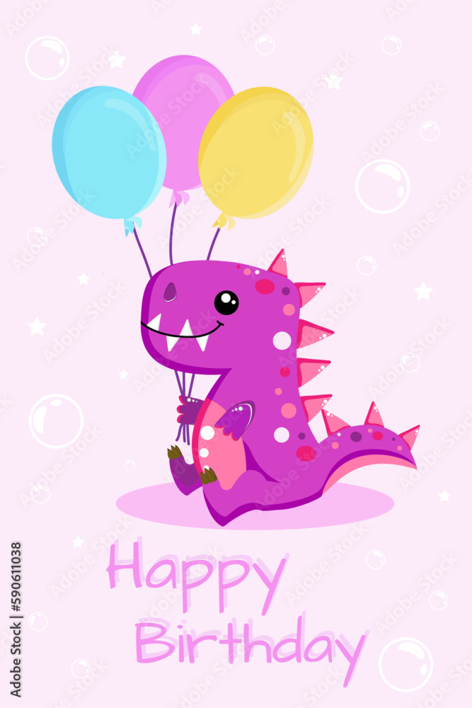 Obraz premium A wish card or poster with happy cartoon pink Dinosaur holding balloons, vector illustration