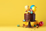 Birthday chocolate cake on a stand decorated with sweets, macaroons on a yellow background with colorful air balloons. Generative AI