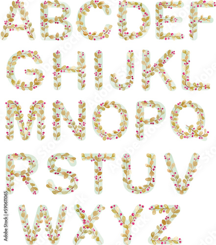 Alphabet, floral set letters,Isolated monogram, for wedding invitations, greeting card, logo, poster, Vector isolated illustration. Initial letters, colorful alphabet font