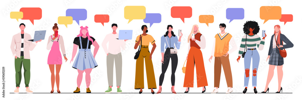 Group of people who talk and share ideas and inform. Speech bubbles. Crowd talking. Communication, teamwork, cooperation, partnership concept. Flat vector illustration isolated on white background. Group of people who talk and share ideas and inform. Speech bubbles. Crowd talking. Communication, teamwork, cooperation, partnership concept. Flat vector illustration isolated on white background.