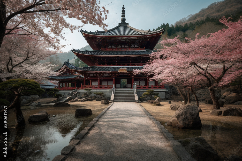 japanese temple and cherry blossom Generative AI japanese temple and cherry blossom Generative AI