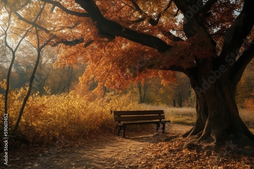 bench under tree with red yellow leaves in autumn cinematic Generative AI