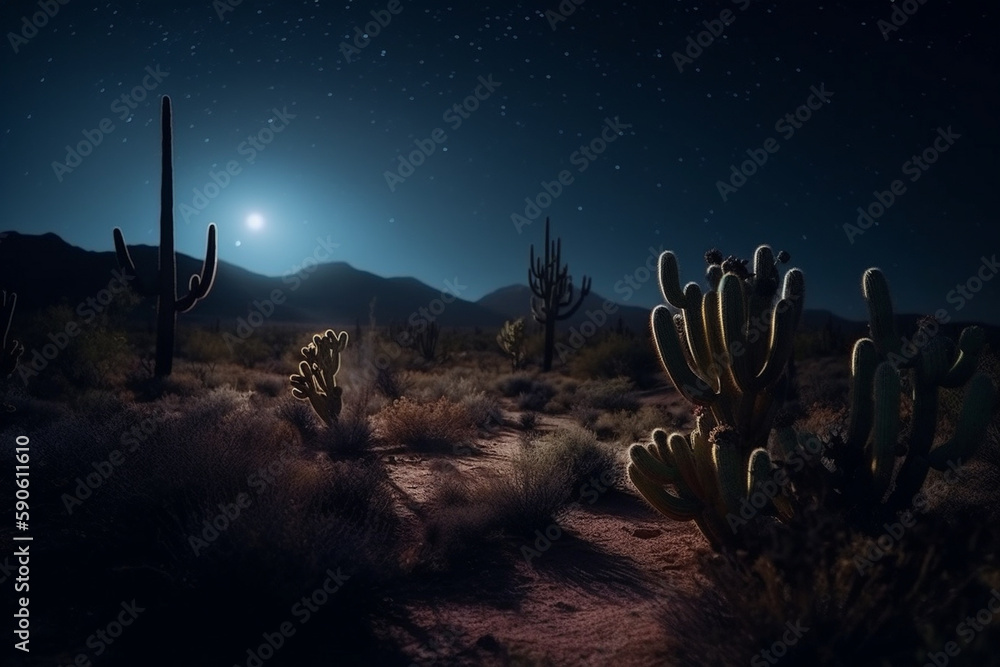 Fototapeta premium cactus night time in the desert cinematic Generative AI