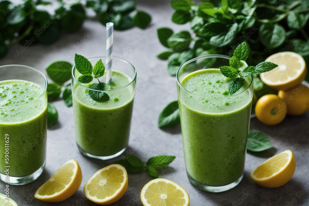 Healthy wholesome food from green fruits and vegetables in assortment. Green fresh vegan ingredients, antioxidants. Generative AI. Healthy wholesome food from green fruits and vegetables in assortment. Green fresh vegan ingredients, antioxidants. Generative AI.