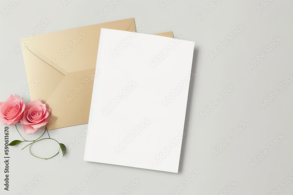 Mockup of an empty sheet of paper and dried flowers on the table. Minimalist postcard design. Generative AI Mockup of an empty sheet of paper and dried flowers on the table. Minimalist postcard design. Generative AI