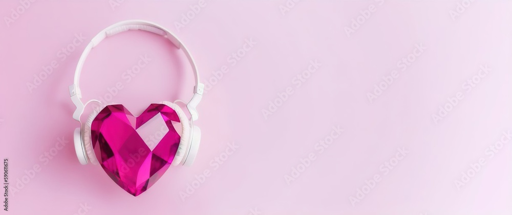Purple ruby heart in headphones on a pink background, jewelry, Generative AI. Purple ruby heart in headphones on a pink background, jewelry, Generative AI.