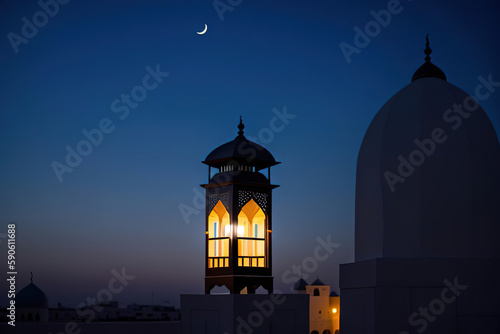 Ornamental Arabic lantern with burning candle glowing.Muslim holy month Ramadan Kareem. Generative AI.